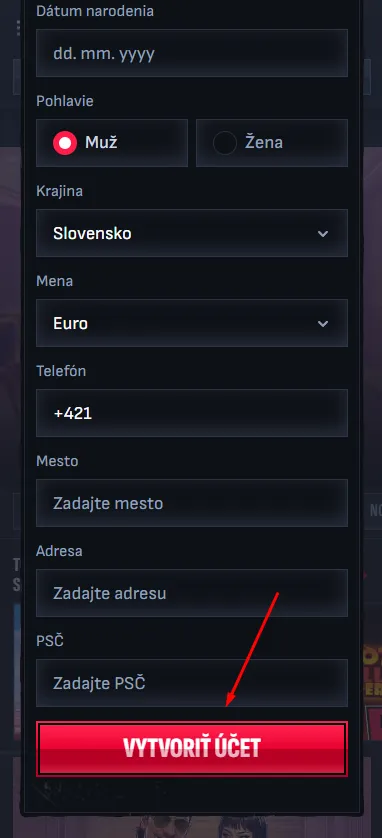 Vytvorenie účtu