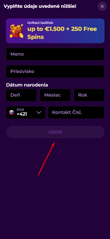 Doplňte osobné údaje Spinmama