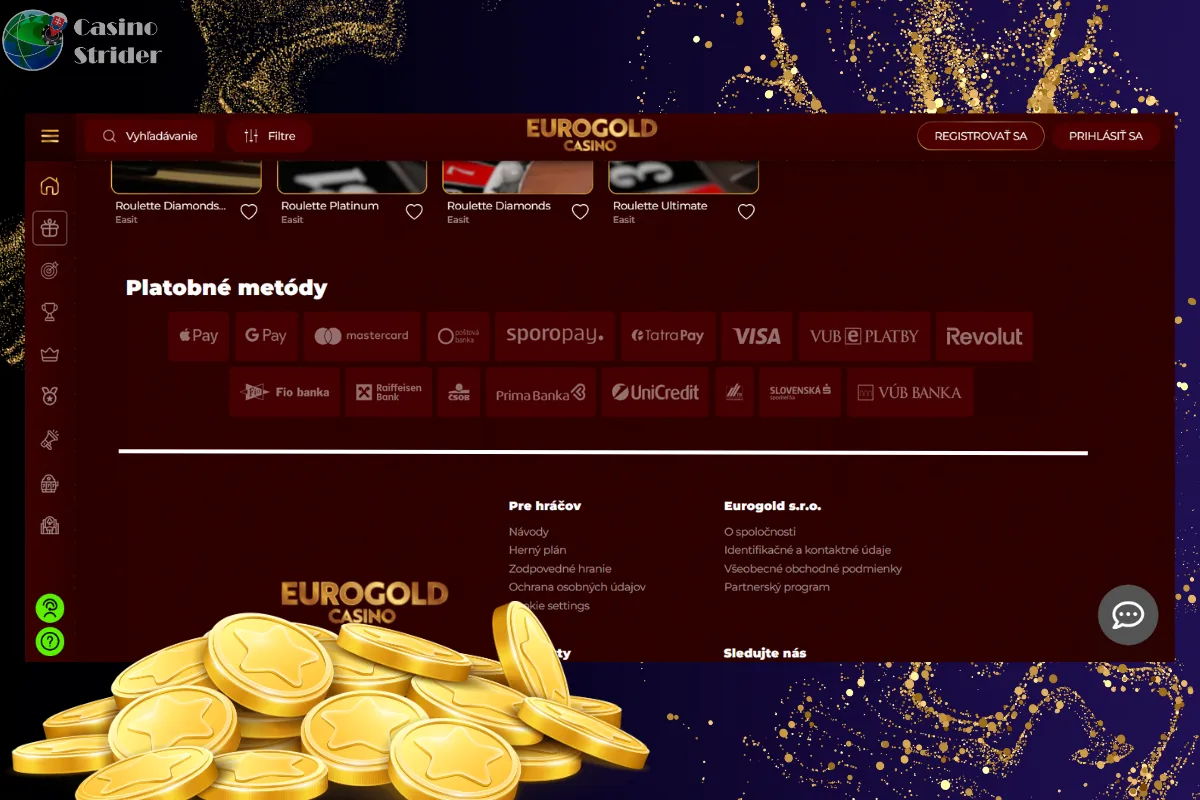 Vklady a výbery v kasíne Eurogold