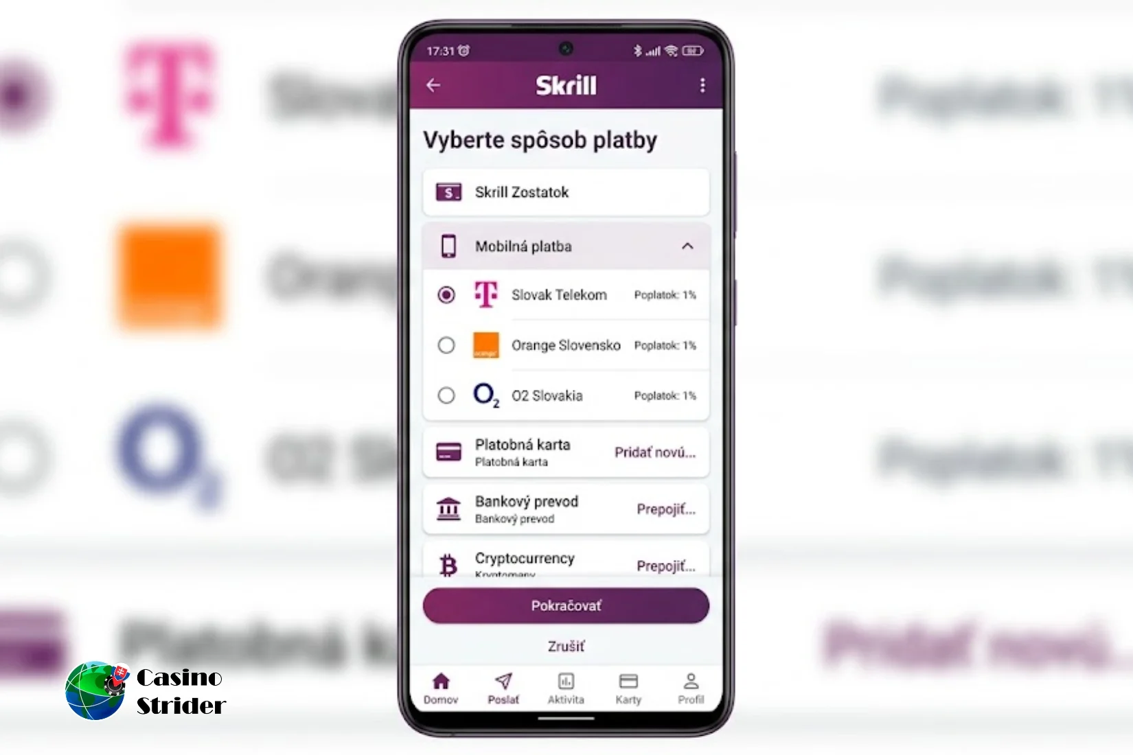 Výber metódy poslať Peniaze SMS na Skrill účet